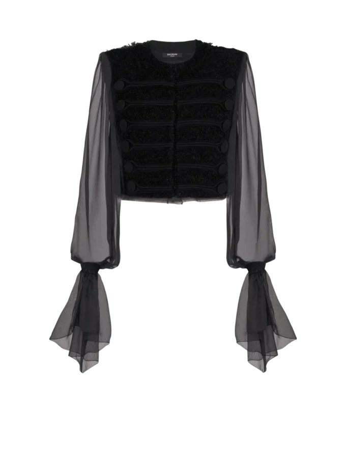 Tweed- och chiffongjacka med kant-till-kant-design Tweed- och chiffongjacka med kant-till-kant-design